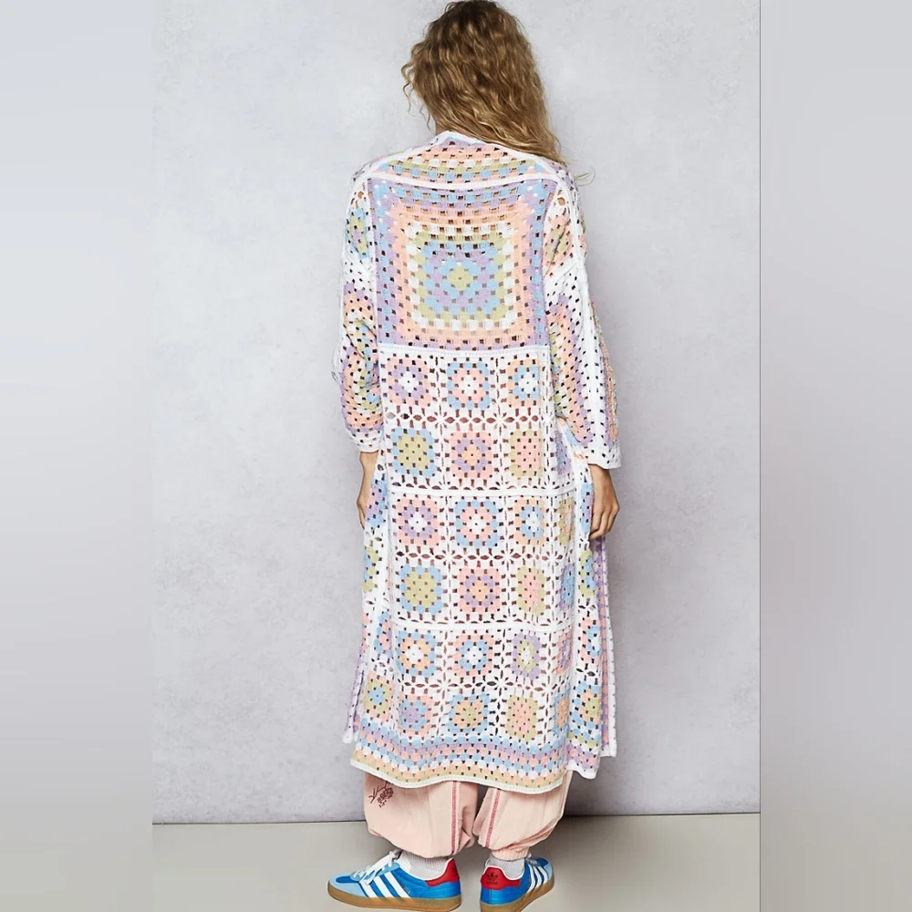 POL Pastel Crochet Granny Square Duster Kimono Cardigan OSFA - Picture 1 of 17